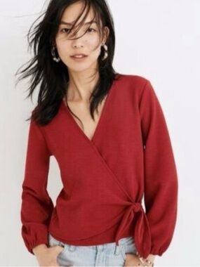 Madewell Texture & Thread Red Crepe Wrap Tie Top